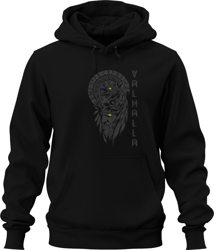 Wikinger Odin Auge Gelb Valhalla Rabe Nordisch Runen Mythologie Uni Hoodie Kapuzenpullover, Schwarz, M