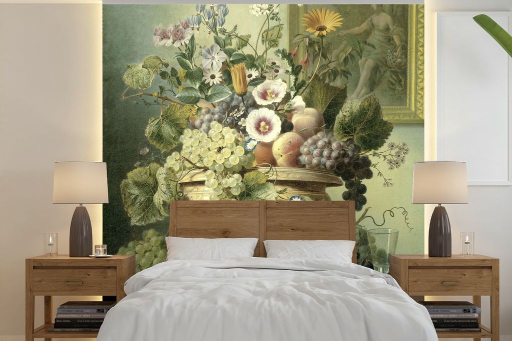 MuchoWow Fototapete für Wohnzimmer oder Schlafzimmer Wandtapete Vinyl Motivtapete Stilleben mit Blumen und Früchten - Gemälde von Eelke Jelles...