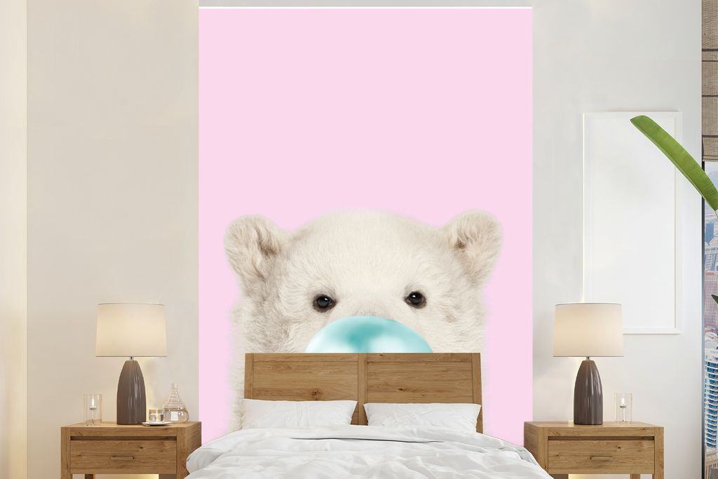 MuchoWow Fototapete für Wohnzimmer oder Schlafzimmer Wandtapete Vinyl Motivtapete Eisbär - Kaugummi - Rosa - Blau - Kinder - Mädchen - 155x240...