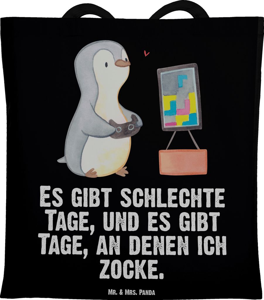 Mr. & Mrs. Panda Tote Bag Pinguin Zocken - Schwarz - Geschenk, Gaming, Schultasche, Laptoptasche, Videospiele, Beutel, Tasche, Unitasche, Videogames