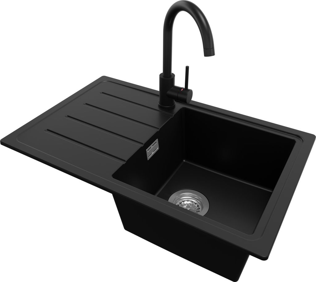 PRIMAGRAN Granitspüle Schwarz 70x44cm, Spülbecken 1 Becken Produktbild 