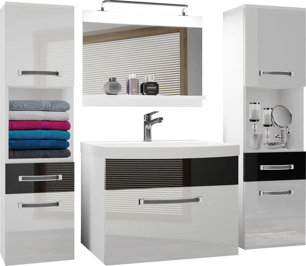 BELINI Badmöbel Vollausstattung Set Waschbeckenschrank, 2x Hochschrank, Waschbecken, Spiegel, Lampe (Weiß/ Schwarz, Glänzend)