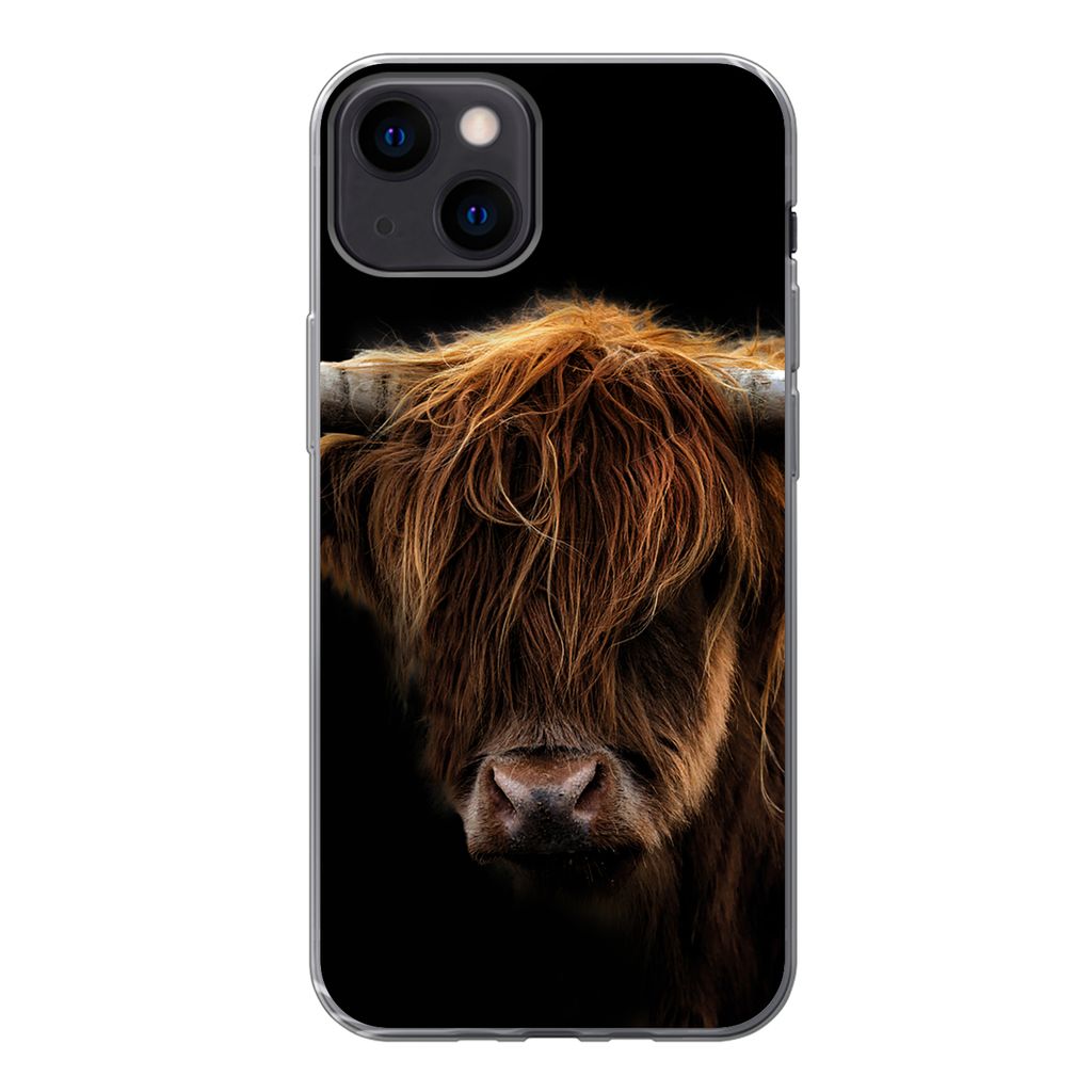 MuchoWow Handyhülle Schutzhülle Hülle für iPhone 13 Schottischer Highlander - Hörner - Schwarz - Tiere - Natur - Wild - Kuh Silikon Softcase...