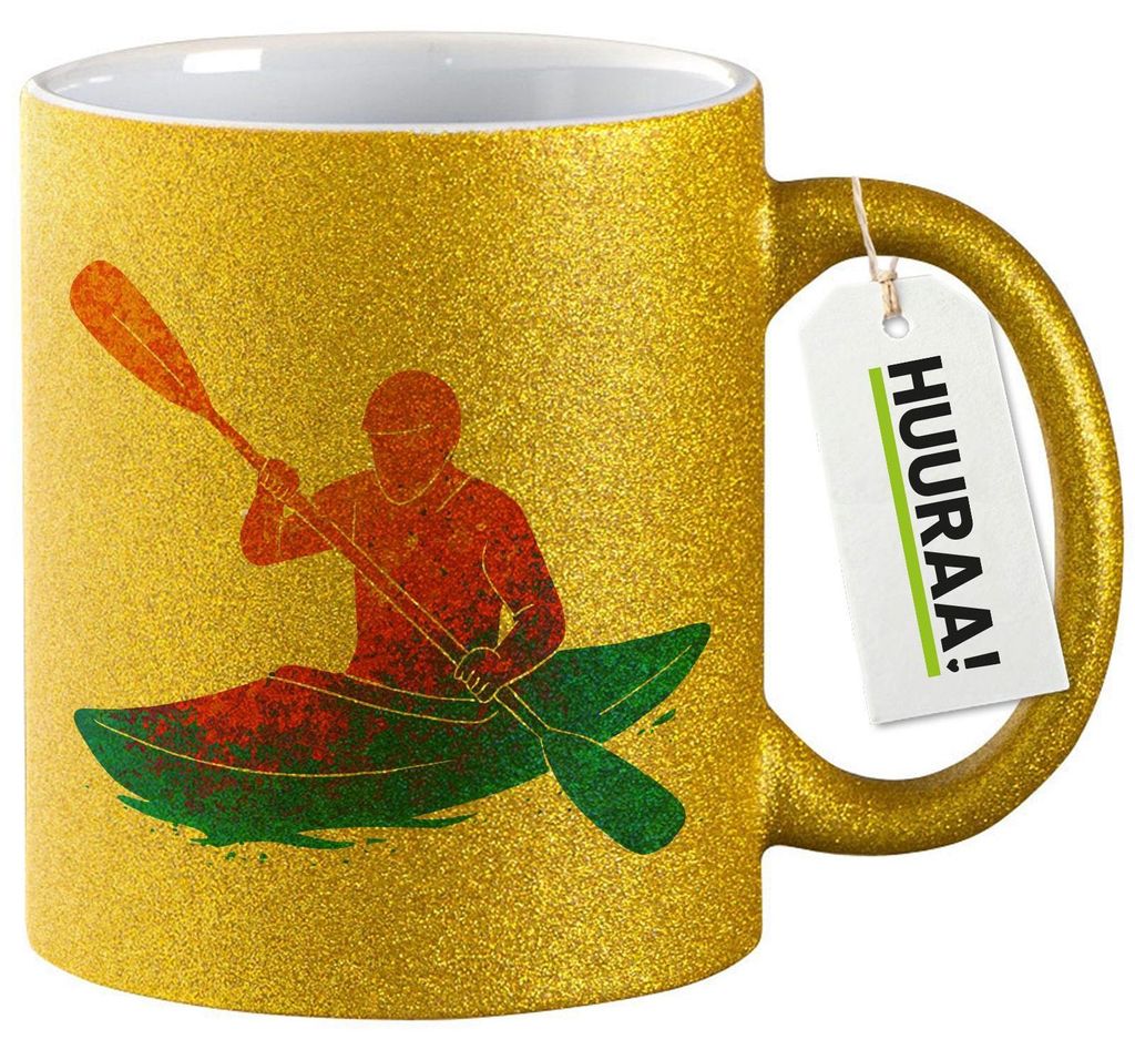 Huuraa Glitzertasse Canoeing Kajakfahren bunte Silhouette 330ml Gold Keramik Kaffeebecher Geschenkidee