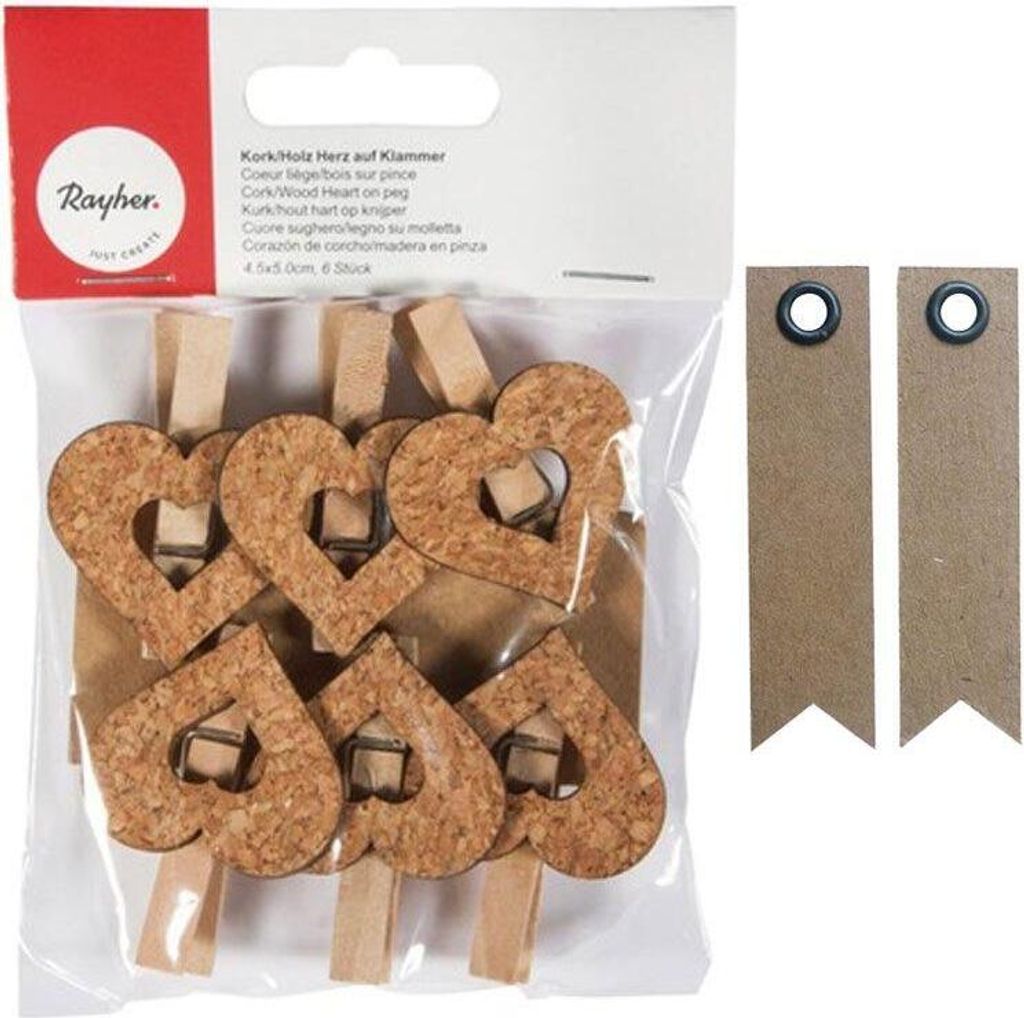 Holz Wäscheklammern x 6 - Kork Herzen + 20 Wimpel Kraft Etiketten