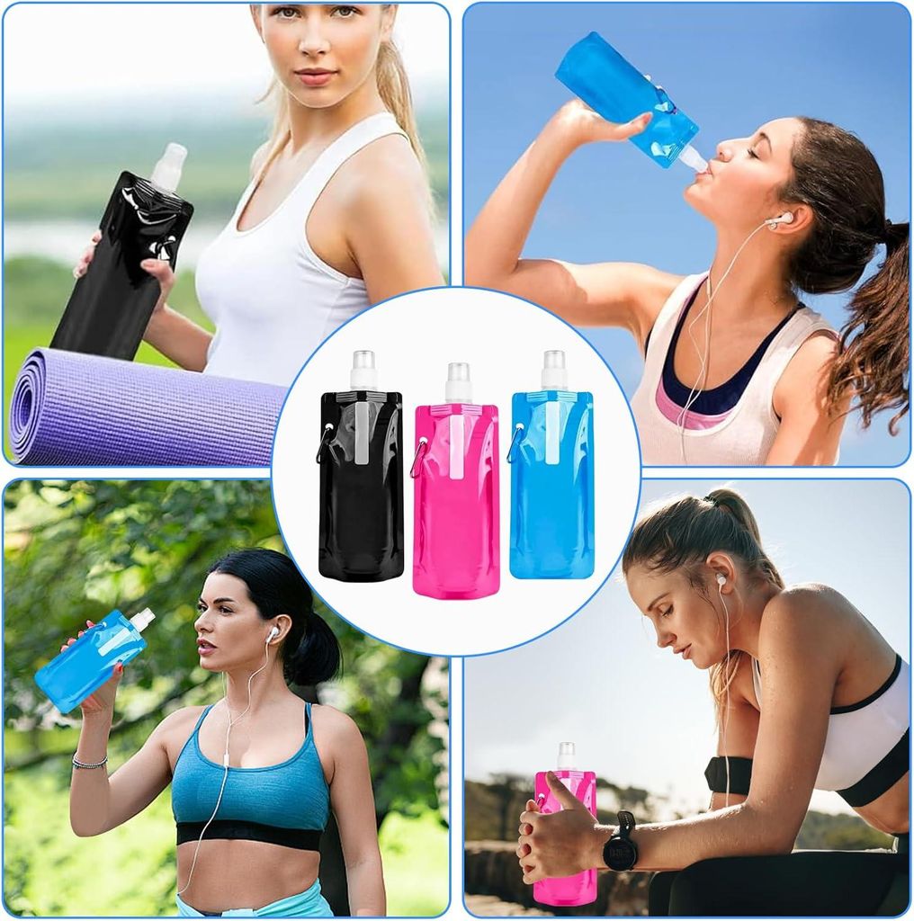 Faltbare Wasserflasche 3 Stück für Reisen weiche Trinkflasche faltbar tragbar mit Karabiner BPA-frei wiederverwendbar leicht für Wandern Sport A...