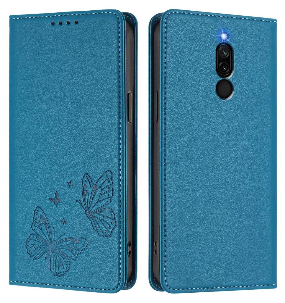 Lederhülle für Xiaomi Redmi 8/Redmi 8A, Schmetterling Prägung Leder Brieftasche Schutzhülle mit Ständer Blau