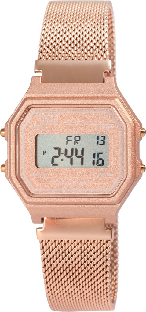 Q&Q Digitaluhr für Damen, Milanaisearmband, Edelstahl, 3 bar, roségoldfarben