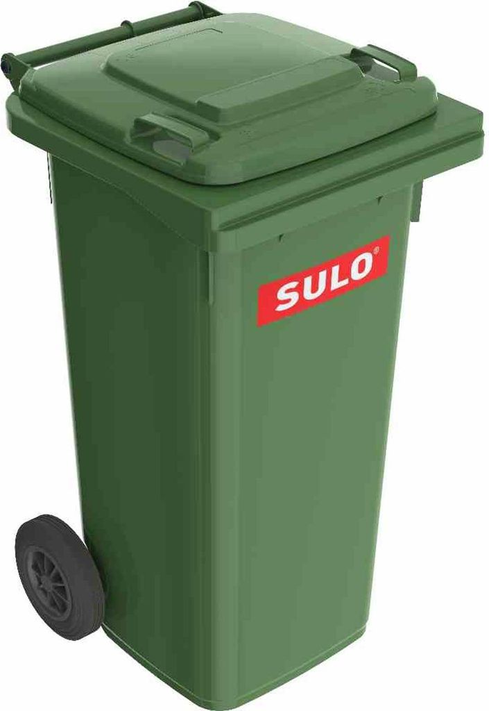 A green trash bin with a red SULO logo on the side.