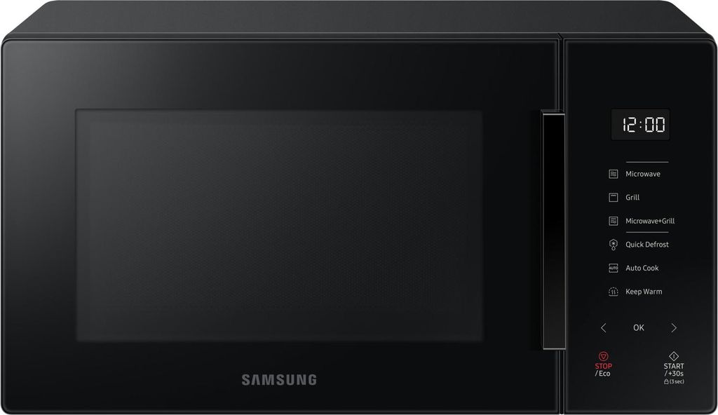 A front-on studio shot of a black Samsung microwave oven.