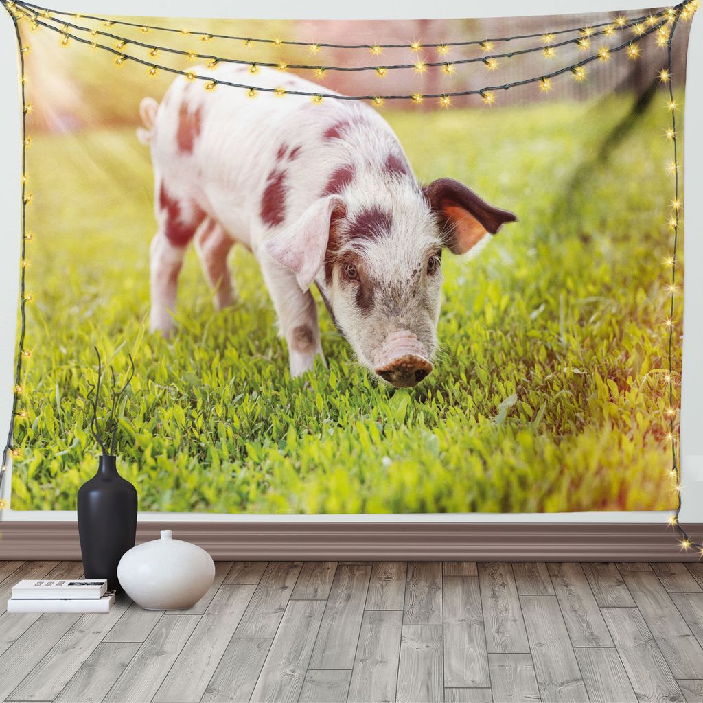 ABAKUHAUS Bauernhoftier Wandteppich, Baby-Schwein mit Spots, Wohnzimmer Schlafzimmer Heim Seidiges Satin Wandteppich, 200 x 150 cm, Mehrfarbig