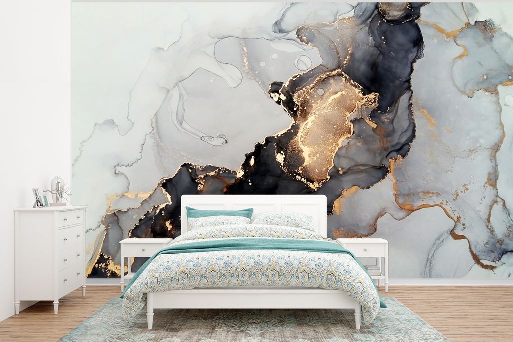 MuchoWow Fototapete für Wohnzimmer oder Schlafzimmer Wandtapete Vinyl Motivtapete Schwarz - Marmor - Luxus - Gold - 400x300 cm - Papiertapeten