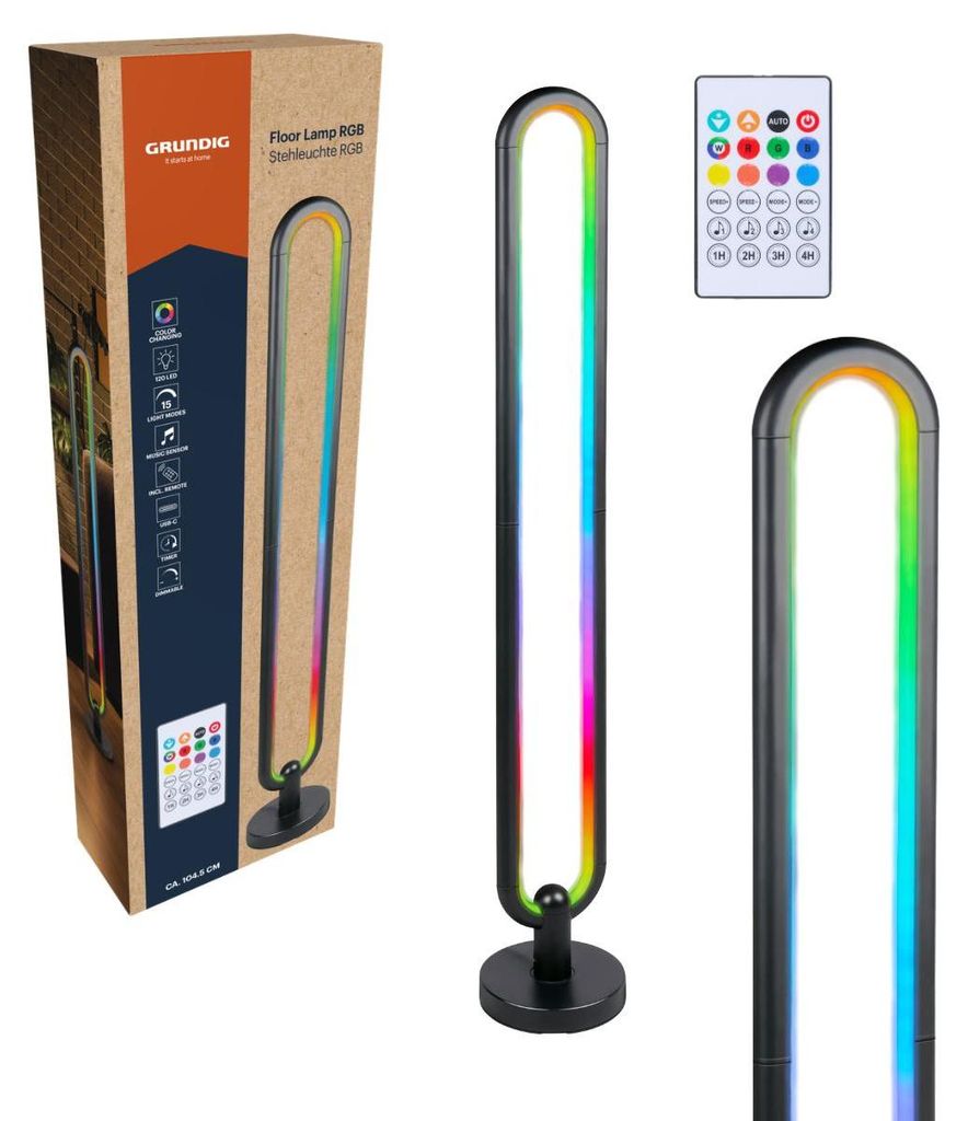 Grundig RGB Stehlampe 104,5 cm - LED Lampe mit Fernbedienung und Musikmodus - Standleuchte mit Timer bis zu 4 Stunden - Gaming Zubehör mit RGB und...