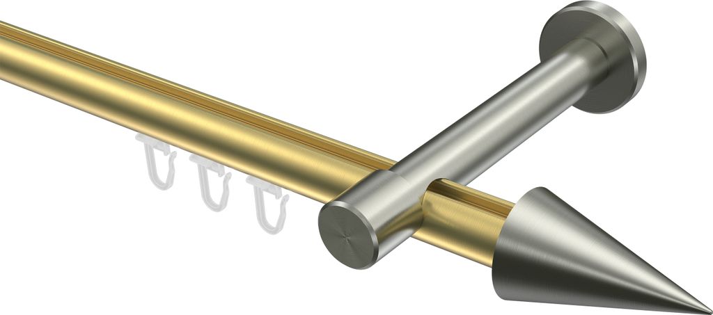 Interdeco Innenlaufstange / Gardinenstange mit Innenlauf Messing-Optik / Edelstahl-Optik, Typ Prestige Savio (Kegel), 20 mm Ø 1-läufig, 120 cm