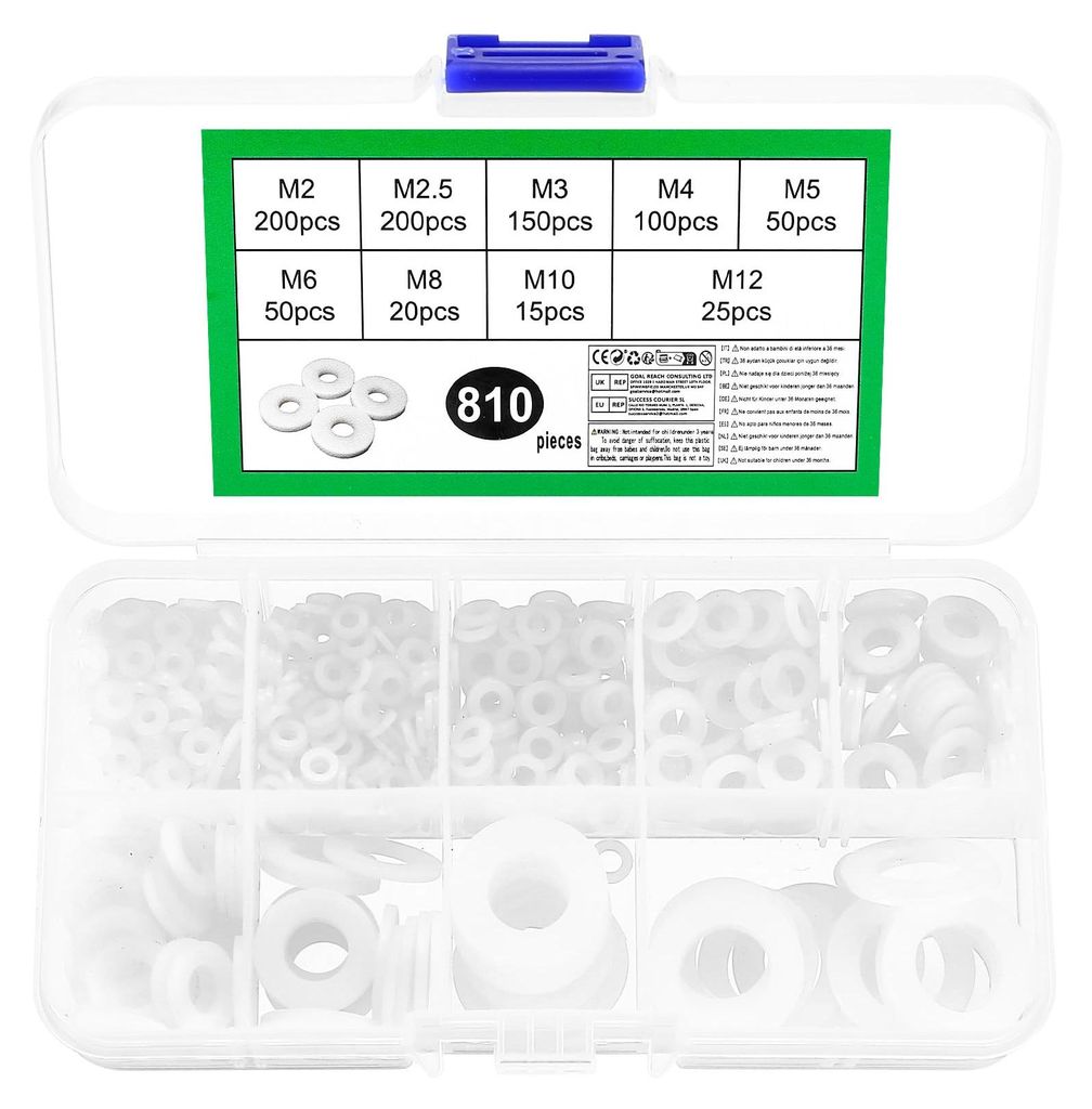 810 weiße Nylonringe, Flachringset, Sortiment an Nylon-Distanzstücken, Distanzstücke für mechanische Anwendungen, M2/M2,5/M3/M4/M5/M6/M8/M10/M12