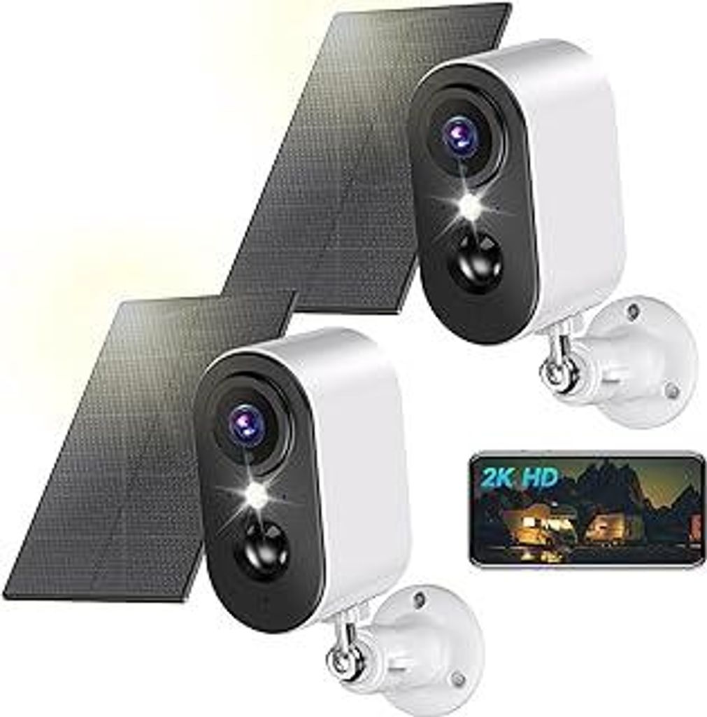 2K Überwachungskamera Aussen Akku mit Solarpanel - Kamera Überwachung Aussen WLAN mit Farbige Nachtsicht, Kameras kabellos außen/innen, PIR-Bewe...