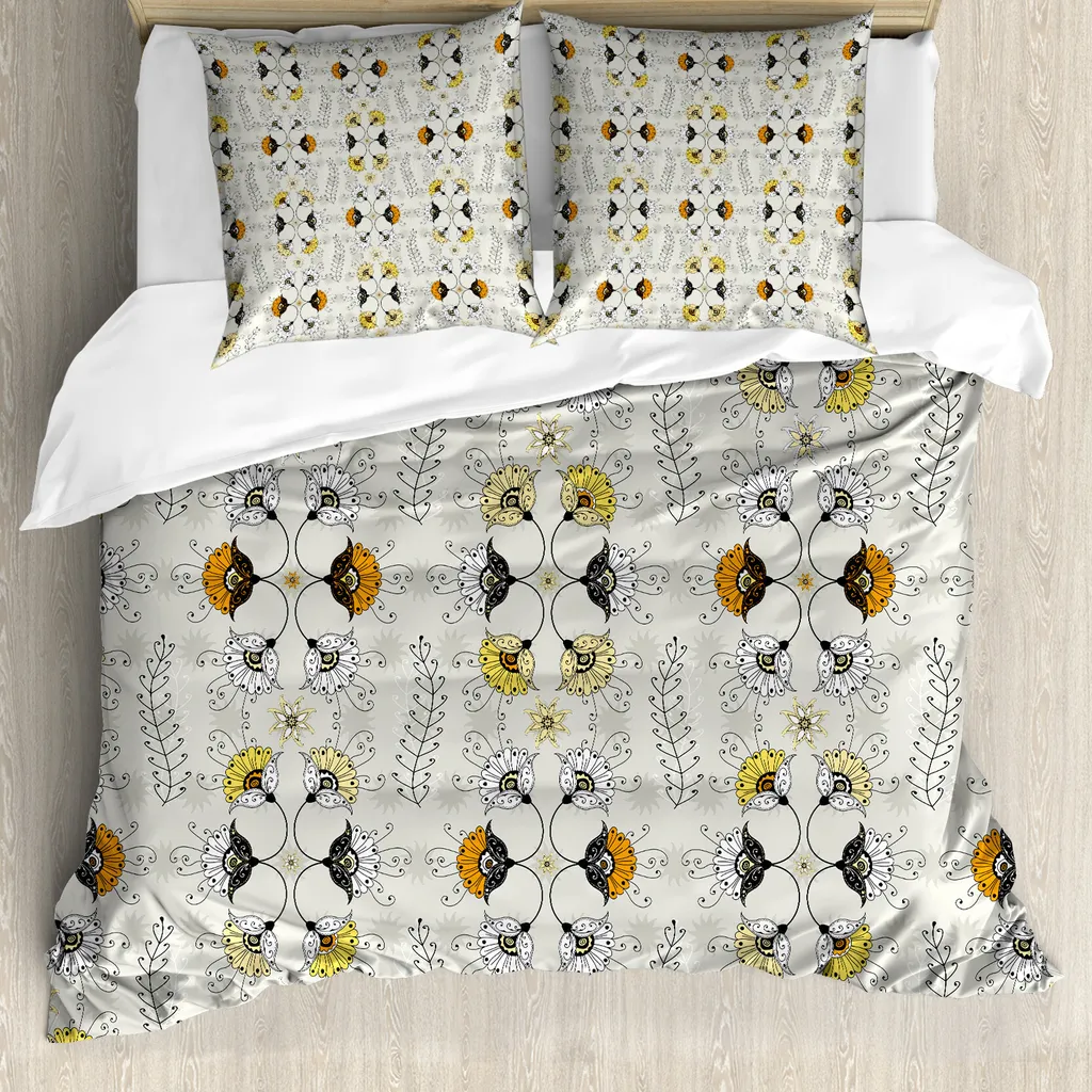 ABAKUHAUS Set copripiumino etnico per letti matrimoniali, motivi floreali Paisley, antiacaro, adatto a chi soffre di allergie, con federe, grigio chiaro calendula e nero