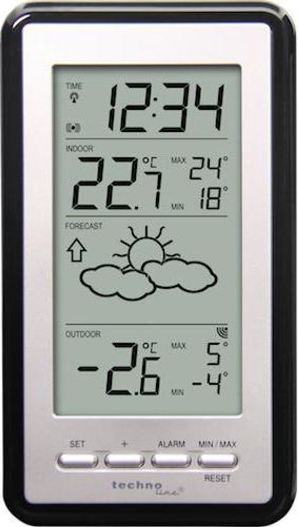A digital weather station displaying time, indoor and outdoor temperature, and weather forecast.