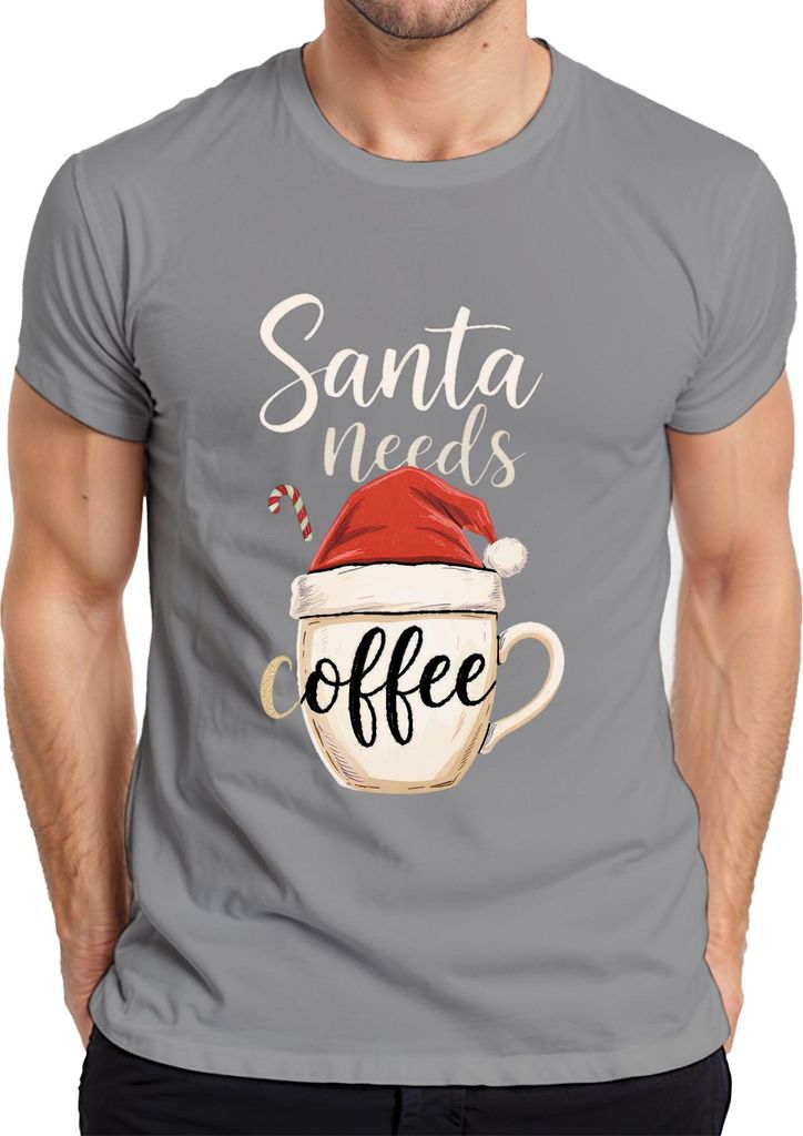 Santa needs coffee Weihnachtsmann lustig Kaffee Geschenk Herren T-Shirt, Grau, M