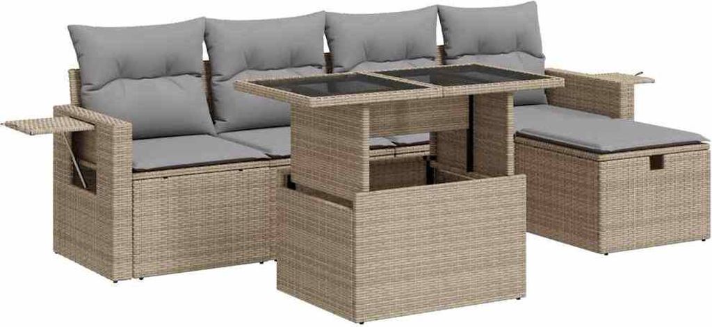 vidaXL 6-tlg. Garten-Sofagarnitur mit Kissen Beige Poly Rattan