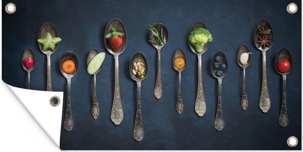 MuchoWow 60x30 cm Outdoor-Poster Gartendeko Sichtschutz Garten Poster für den Garten Kräuter - Löffel - Silber - Gewürze - Industriell