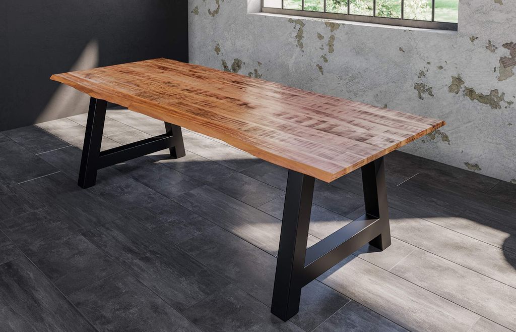 Esstisch Dora 220 x 100 cm, Mangoholz massiv, lackiert & naturfarben, Baumkantentisch mit A-Metallgestell in Mattschwarz, echte Baumkante, 26 mm