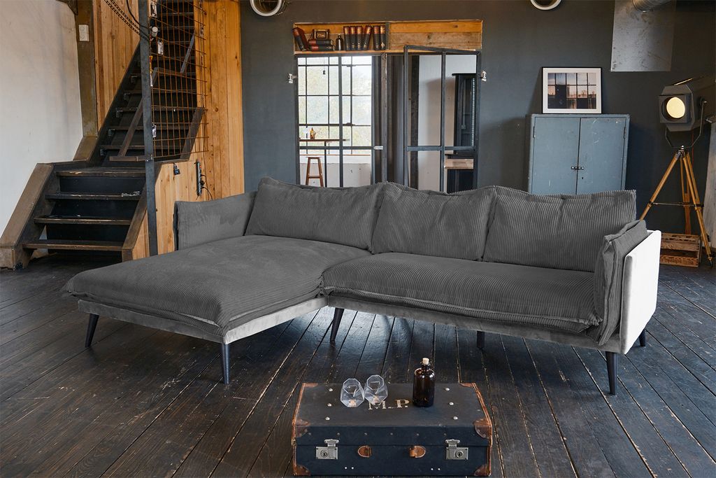 KAWOLA Sofa QUENYA Ecksofa Cord dunkelgrau / Velvet silber Recamiere links