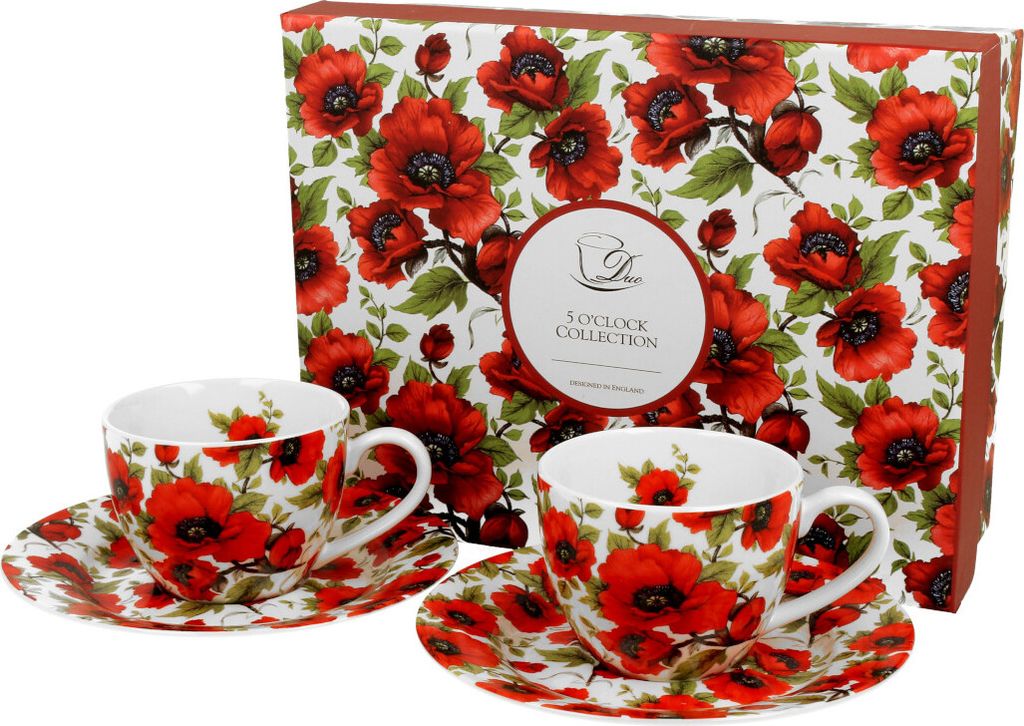 DUO FLORAL 2er-Set Espressotassen 90 ml LINA mit Untertassen, New Bone China Porzellan
