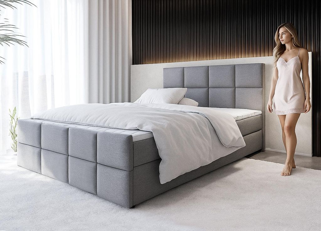 AX LIVING Boxspringbett Grau Aleyna Bett 160 x 200 mit Bettkasten