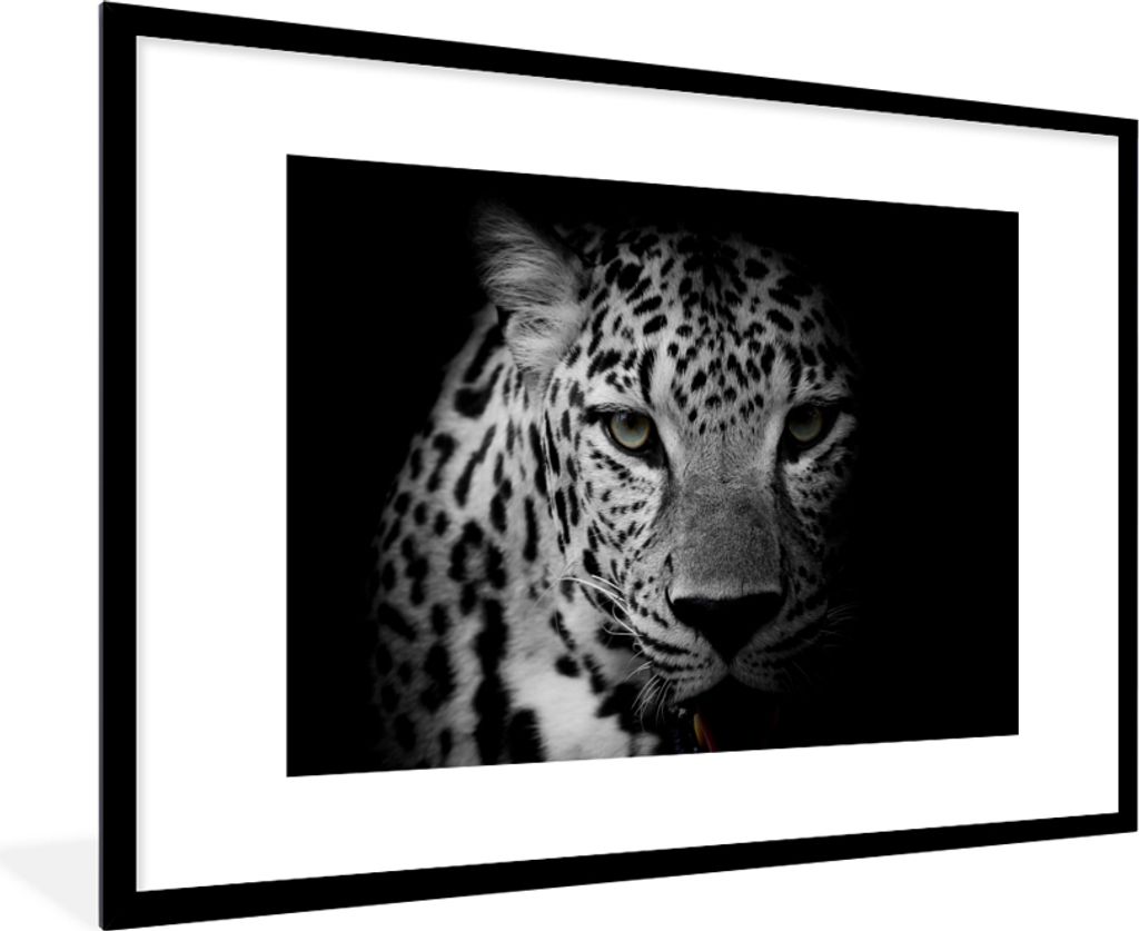 MuchoWow Gerahmtes Poster Tiere - Schwarz - Weiß - Panther - Porträt 90x60 cm - Poster mit Schwarzem Bilderrahmen Wandposter Rahmen Foto Bilder...