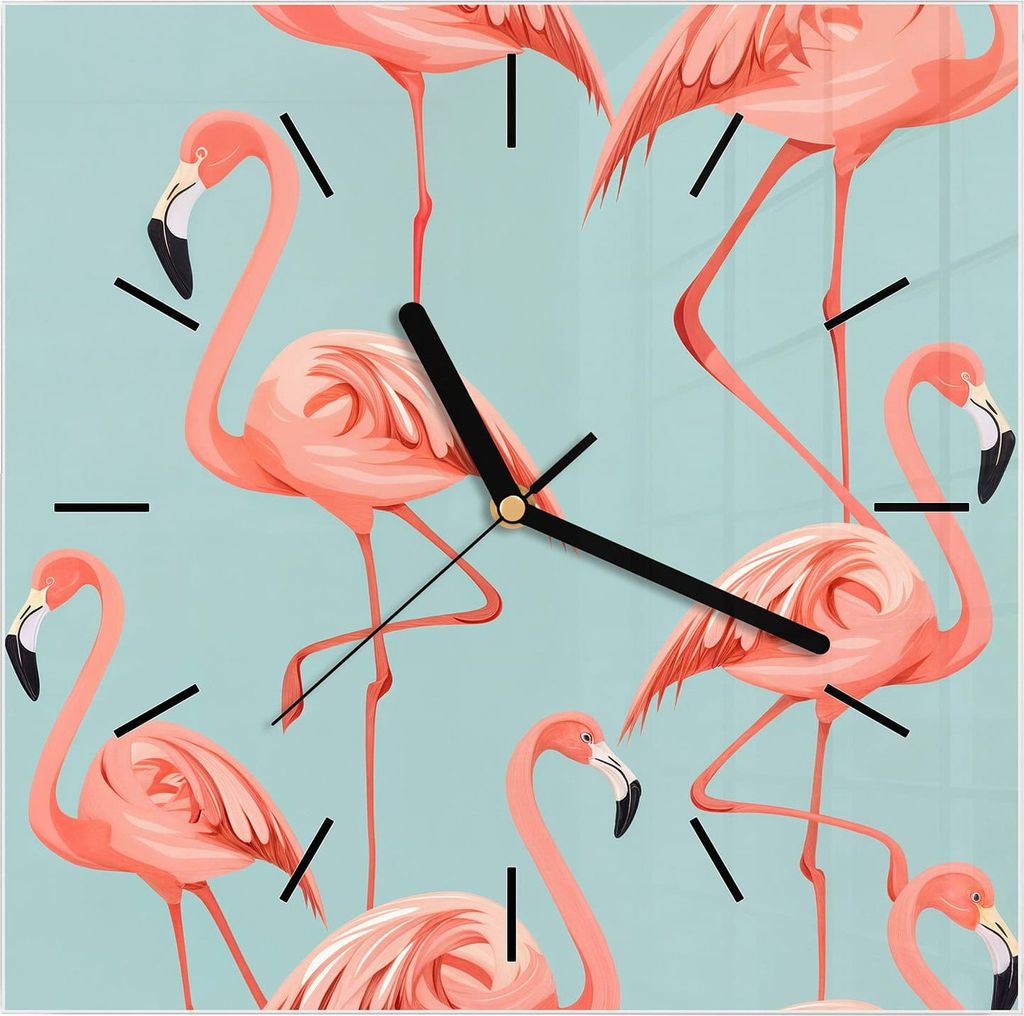 Wanduhr aus Glas mit Motiv Flamingo Design- 30 x 30 cm - inkl. Aufhängesystem