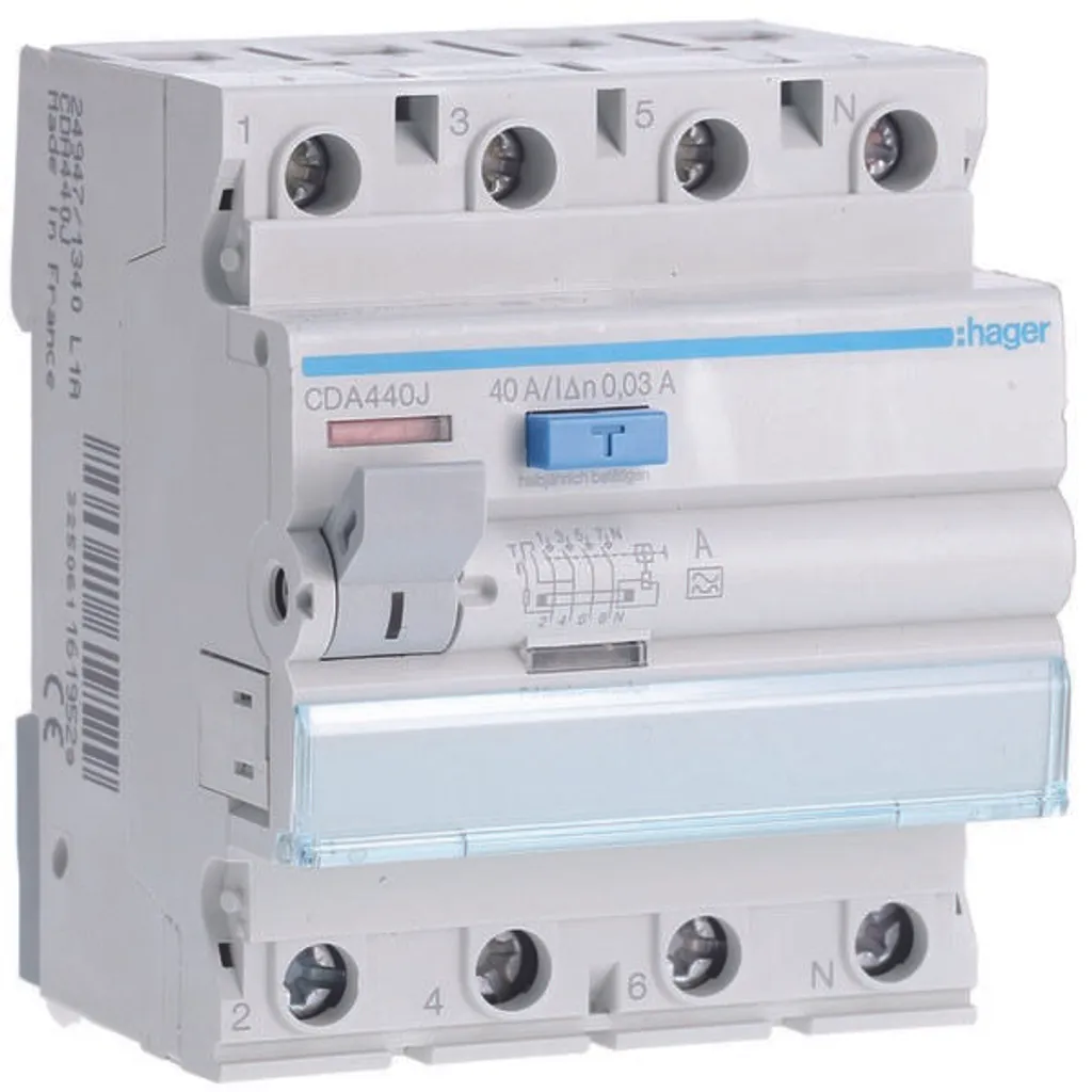 Interrupteur différentiel Hager CDA440J 4P 40A pour circuit Triphasé