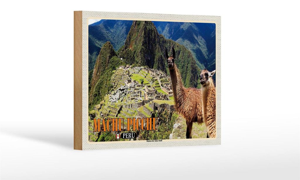 Holzschild Reise 18x12 cm Machu Picchu Ruinen der Inka-Stadt Lamas