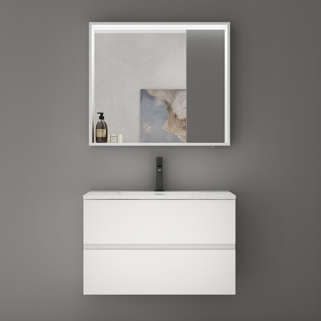 doporro Spiegelschrank Wandspiegel mit LED-Beleuchtung und Ablage Wandschrank in Matt Weiß aus Holz 80x12x70cm Hängeschrank für Badezimmer Spieg...