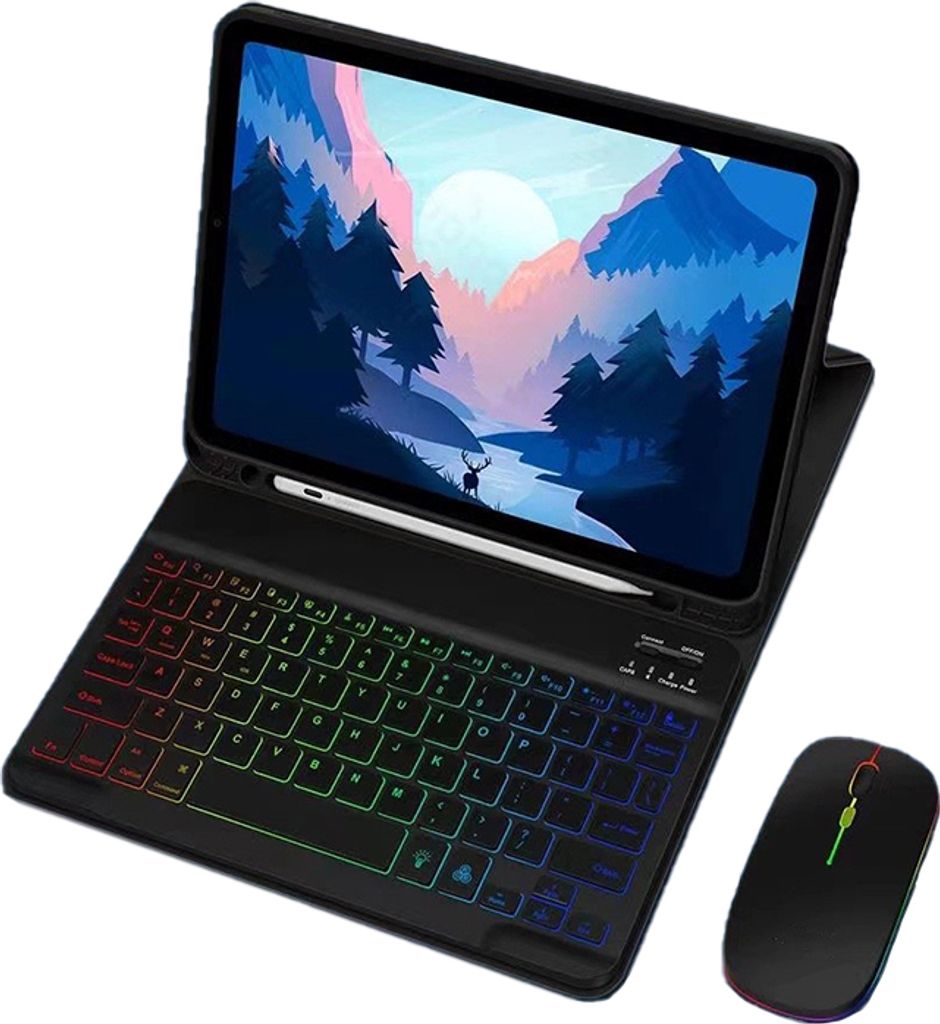 INF iPad 12.9 Hülle mit RGB Bluetooth Tastatur und Leuchtender Maus Schwarz iPad 10,2/10,5 Zoll