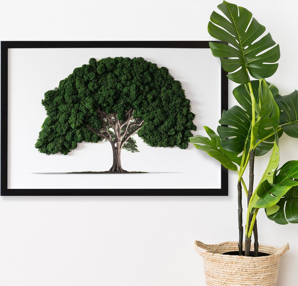 Moosbild mit Konserviertem Moos 3D Wandbild - 60x40 cm - Schwarzer MDF-Rahmen - Baum auf weißem Hintergrund