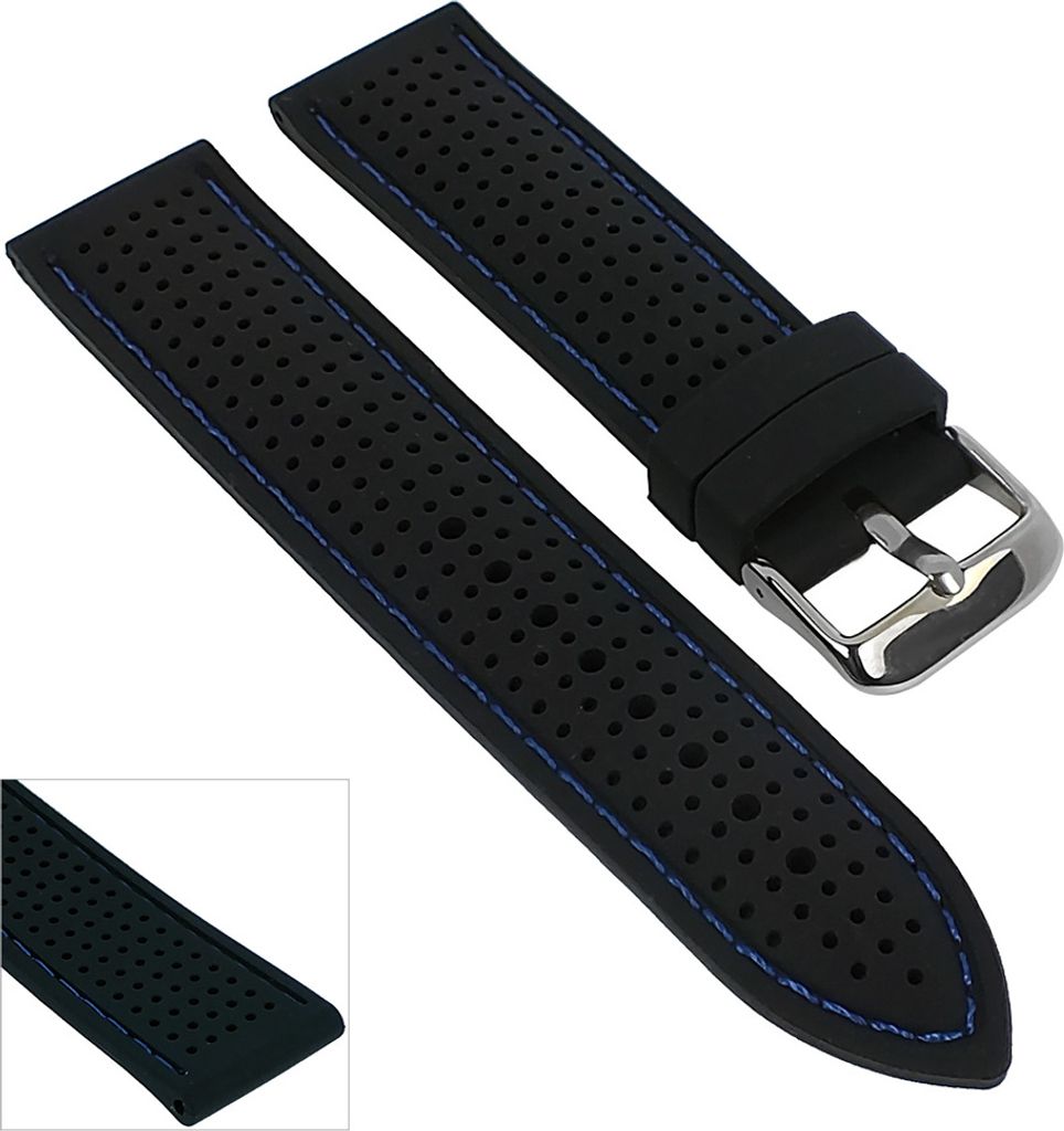 Minott Uhrenarmband Silikon schwarz 20mm mit Kontrastnaht 29696, Farbe:schwarz / blau