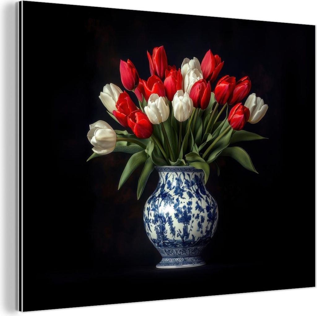 MuchoWow Wanddekoration Metall Metallbild Wandkunst 80x60 cm Rot - Blumen - Tulpen - Vase MuchoWow Aluminium Gemälde - Alubild