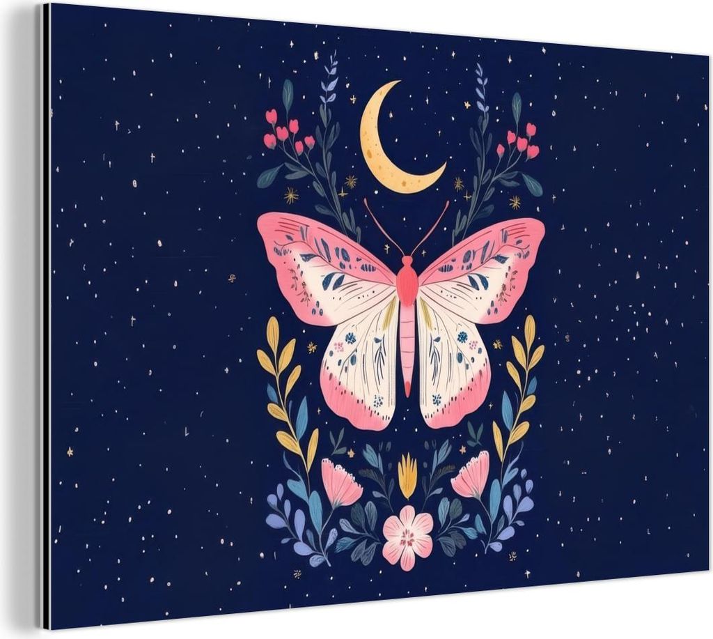 MuchoWow Wanddekoration Metall Metallbild Wandkunst 150x100 cm Schmetterling - Mond - Blumen - Sternenhimmel MuchoWow Aluminium Gemälde - Alu Dibo...