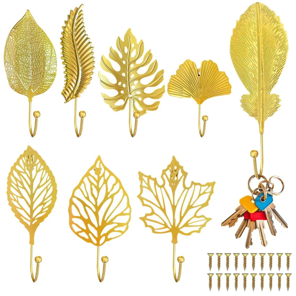 Lot de 8 Patères en Forme de Feuille Dorée avec 20 Vis de Fixation