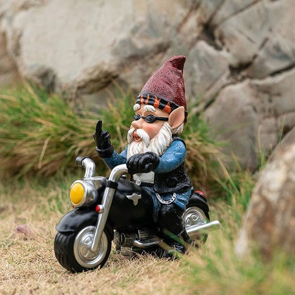 Gartenzwerg für Motorrad, Zwerg, 13,3 x 13 cm, Statue, wasserdicht, UV-beständig, Gartendekoration für den Garten, lustig, Motorradgeschenke fü...