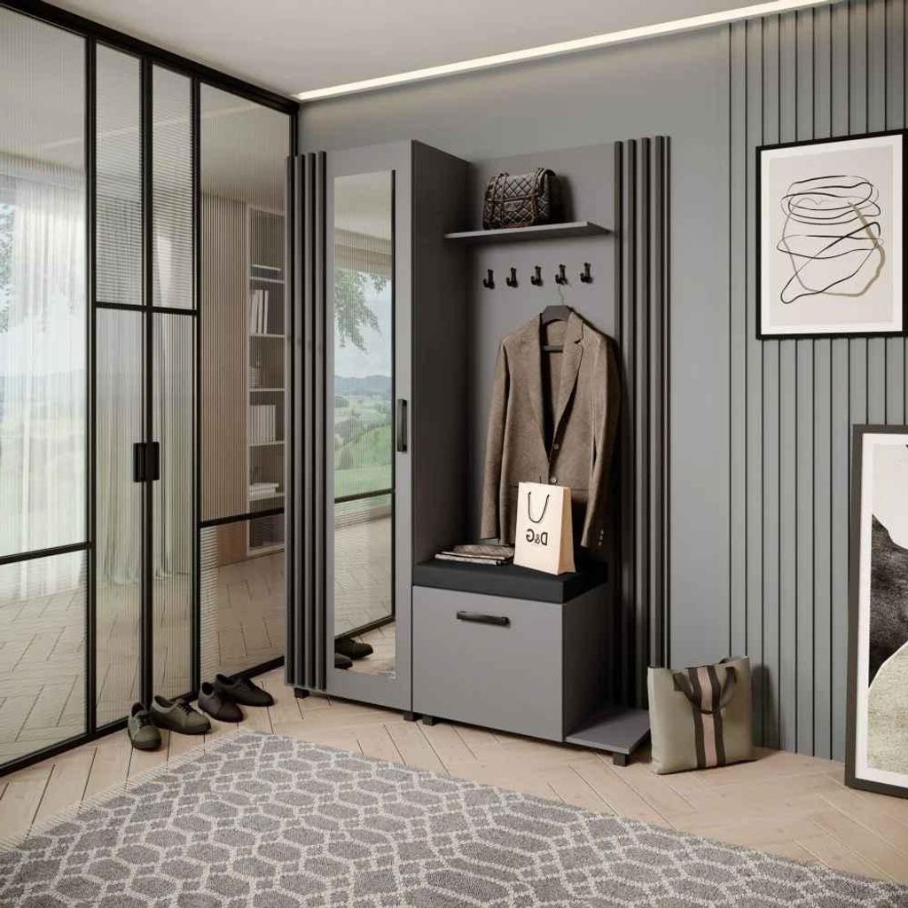 Garderobenschrank LIVIA – Garderoben-Set mit Spiegel und Aufhängern, Graphit, Lamellen in Schwarz, Sitzkissen in Schwarz, Rechts