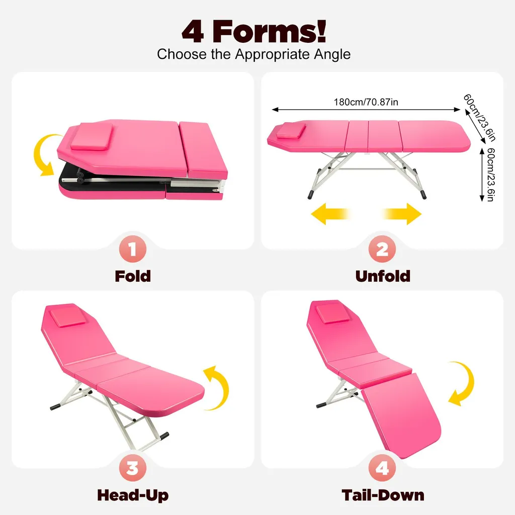 Lit de massage pliant rose avec dossier réglable - Modèle ZenPro 180cm - 2