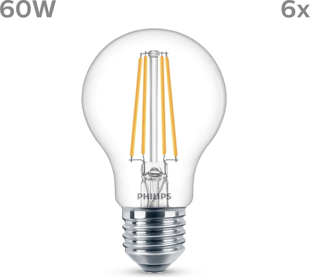Philips LED classic Lampe 60W E27 Kaltweiß 850lm klar 6er P Produktbild 