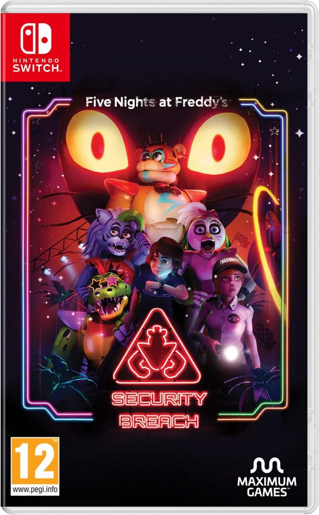 The image is a video game box art for Five Nights at Freddy's: Security Breach on Nintendo Switch.