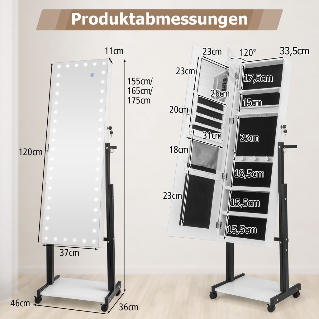 GOPLUS Schmuckschrank mit LED, Spiegelschrank mit Rollen & Produktbild 5