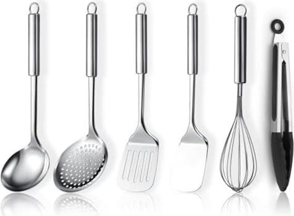 Edelstahl Kochutensilien Set 6-teilig, Küchenwerkzeug Set enthält Metallspatel-Set, Skimmer, Schöpfkelle, Zange, Schneebesen, Küchenhelfer Esse...