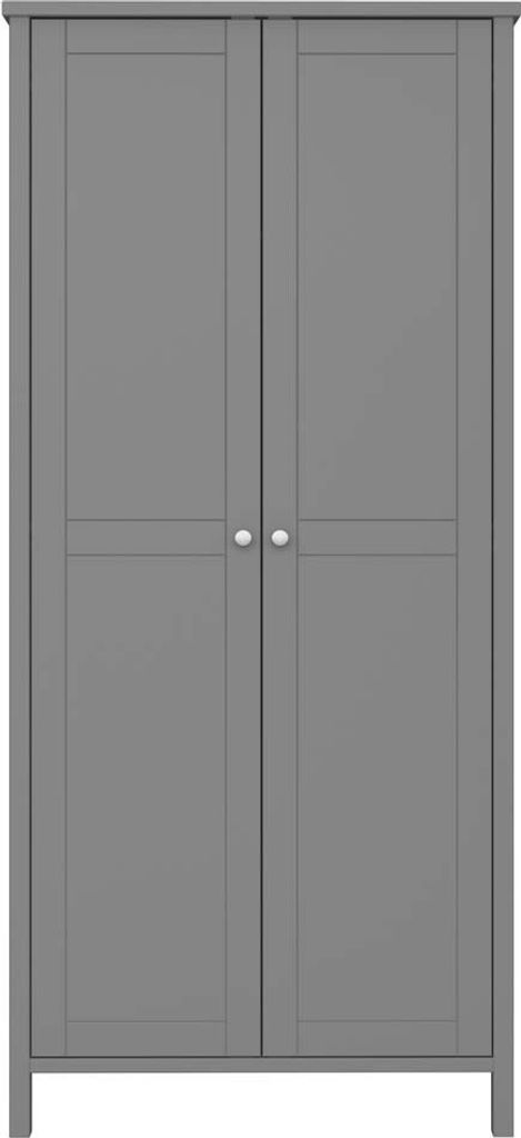 A front view of a closed gray wardrobe with two doors.
