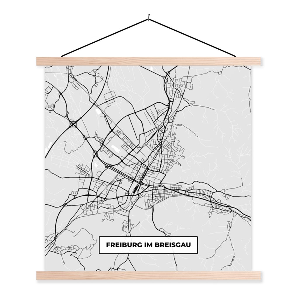 MuchoWow Textilposter Karte - Deutschland - Freiburg im Breisgau - Karte - Stadtplan 60x60 cm mit holzfarbenen Rahmen - Wanddekoration