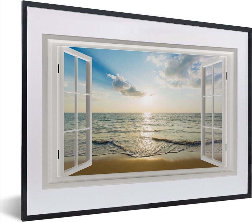 MuchoWow MuchoWow Gerahmtes Poster Aussicht - Sonne - Meer 40x30 cm - Poster mit zchwarzem Bilderrahmen - Bilderrahmen - Poster im Rahmen